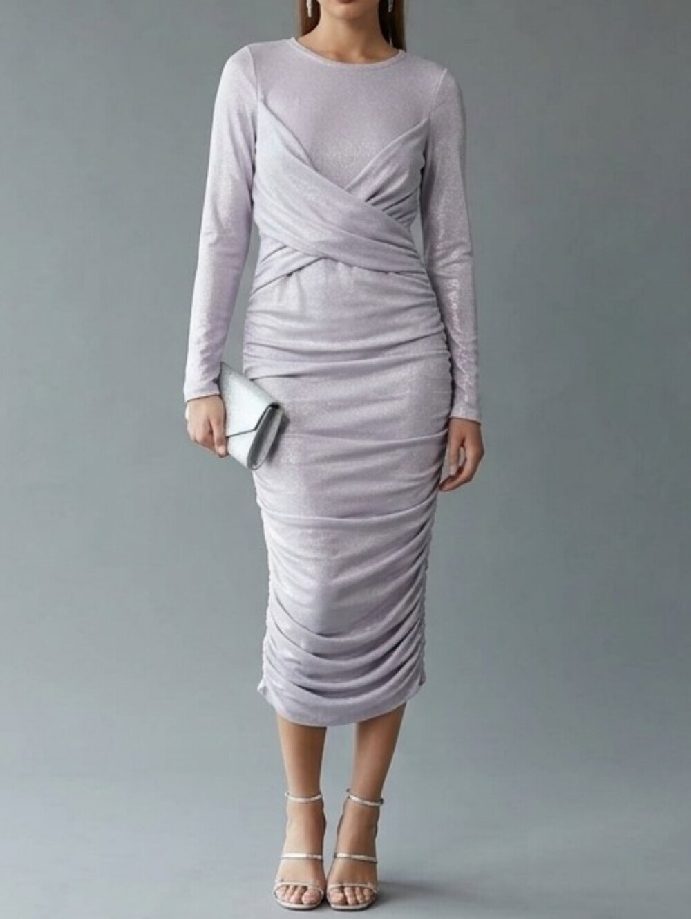 Express Silver Glitter Metallic Long Sleeve Ruched Bodycon Midi Dress XS, NWOT